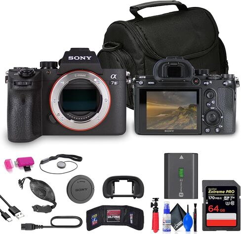 كاميرا Sony A7 III بدون مرآة (ILCE7M3/B) + 64 جيجابايت بطاقة ذاكرة + حقيبة + CARD READER + Flex Tripod + Hand Strap + Memory Wallet + Cap Keeper + Cleaning Kit (متجددة) in Saudi Arabia