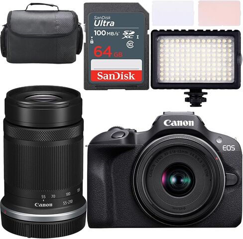 Canon EOS R100 Camera بدون مرآة مع Canon RF-S 18-45mm f/4.5-6.3 هي STM و Canon RF-S 55-210mm f/5-7.1 هي عدسة STM + مصباح فيديو LED + CAMERANCE + 64GB الذاكرة (حزمة 15pc) (متجددة) in Saudi Arabia