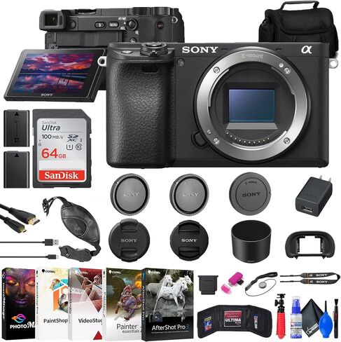 Sony a6400 Mirrorless Camera (ILCE-6400/B) + 64GB Card + NPF-W50 Battery + Card Reader + Corel Photo Software + HDMI Cable + Case + Flex Tripod + Hand Strap + Cap Keeper + More (Renewed) in Saudi Arabia