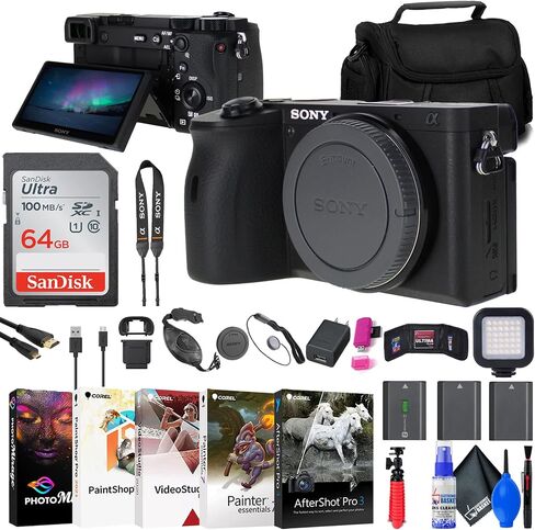 Sony a6600 Mirrorless Camera (ILCE6600/B) + 2 x NP-FZ100 Compatible Battery + 64GB Card + Card Reader + LED Light + Corel Photo Software + HDMI Cable + Case + Flex Tripod + Hand Strap + More (Renewed) in Saudi Arabia