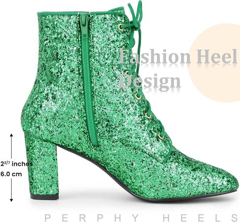 Lace Up Square Toe Sparkly Glitter Block Heels Ankle Boots for Women in Saudi Arabia