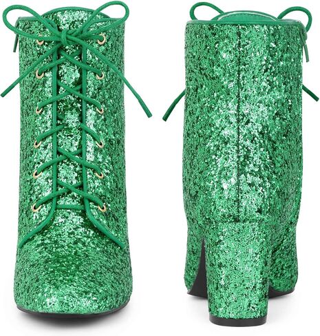Lace Up Square Toe Sparkly Glitter Block Heels Ankle Boots for Women in Saudi Arabia