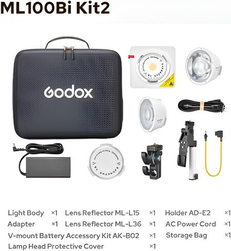 GODOX ML100BI Video Light, Output 120W, Color Temperature 2800-6500K, Dual Color Temperature LED Portable Video Light ≥97 TLCI ≥98, 11 Different Lighting Effects, Handheld with AK-B02 (ML100Bi Kit2) in Saudi Arabia