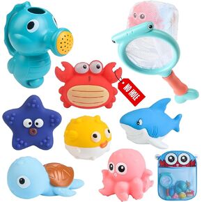 Mold Free Bath Toys for Toddlers No Hole Baby Bathtub Toys with Sea Animals, Seahorse Watering Can, Fishing Net & Storage Bag, Floating Pool Toys for Boys and Girls in Saudi Arabia