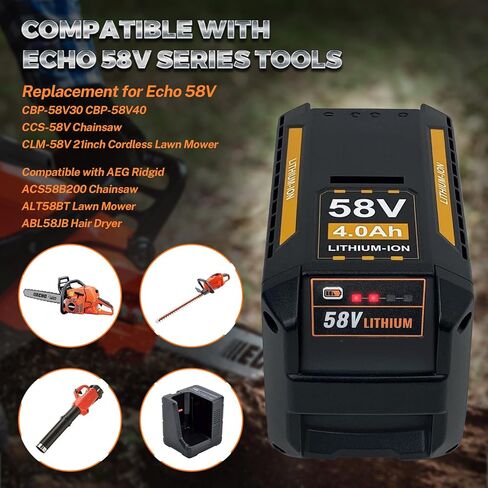 4.0Ah Lithium Battery Replacement for Echo 58V Battery CBP-58V20 CBP-58V40 CCS-58V Chainsaw CLM-58V 21'' Lawn Mower, Compatible with AEG 58V ACS58B200 ALT58BT ABL58JB Cordless Power Tools (58V4000mAh) in Kuwait