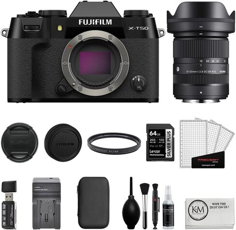 Fujifilm X-T50 كاميرا بدون مرآة | Black مجمعة مع Sigma 18-50mm f/2.8 DC DN العدسة المعاصرة + بطاقة ذاكرة 64 جيجابايت + شاحن البطارية + مرشح UV + طقم بداية الصورة + قطعة قماش التنظيف (7 عناصر) in Saudi Arabia