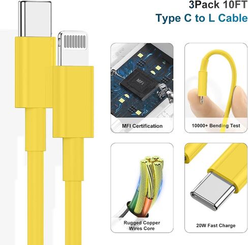 Fast Charger, [MFi Certified] 10 FT Long USB C to Lightning Cable with 20W iPhone Rapid Charging Block, Adapter for iPhone 14 13 12 11 Pro/Mini/Pro Max/X/8/iPad, 2 Pack in Kuwait