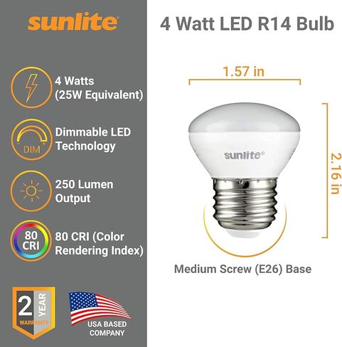 Sunlite R14/LED/E26/4W/D/27K LED R14 Mini-Reflector Floodlight 4 Watt (25W Equivalent) Light Bulbs, Medium (E26) Base, 2700K, Warm White in Saudi Arabia