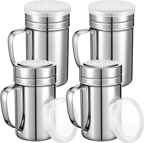 6 Pcs 10oz Stainless Steel Salt and Pepper Shakers with Lid and Handle Dredge Spice Shaker Seasoning Sugar Shaker Condiment Popcorn Salt Shaker Powder Sugar Flour Shaker for Cooking Kitchen Baking in Kuwait