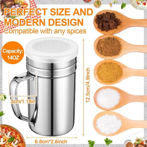 6 Pcs 10oz Stainless Steel Salt and Pepper Shakers with Lid and Handle Dredge Spice Shaker Seasoning Sugar Shaker Condiment Popcorn Salt Shaker Powder Sugar Flour Shaker for Cooking Kitchen Baking in Kuwait