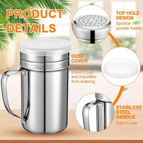 6 Pcs 10oz Stainless Steel Salt and Pepper Shakers with Lid and Handle Dredge Spice Shaker Seasoning Sugar Shaker Condiment Popcorn Salt Shaker Powder Sugar Flour Shaker for Cooking Kitchen Baking in Kuwait