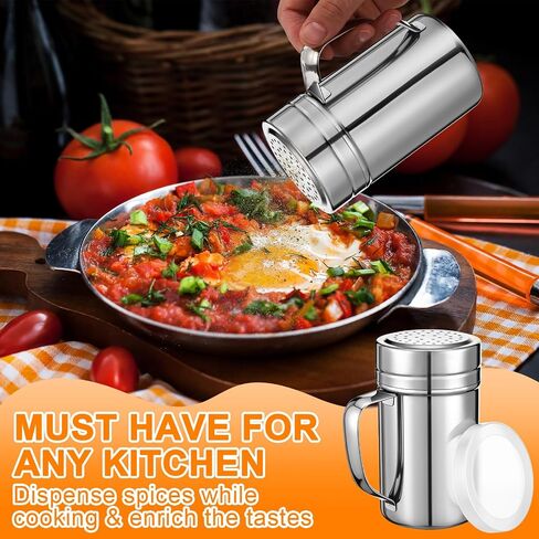 6 Pcs 10oz Stainless Steel Salt and Pepper Shakers with Lid and Handle Dredge Spice Shaker Seasoning Sugar Shaker Condiment Popcorn Salt Shaker Powder Sugar Flour Shaker for Cooking Kitchen Baking in Kuwait
