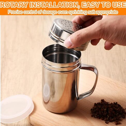 6 Pcs 10oz Stainless Steel Salt and Pepper Shakers with Lid and Handle Dredge Spice Shaker Seasoning Sugar Shaker Condiment Popcorn Salt Shaker Powder Sugar Flour Shaker for Cooking Kitchen Baking in Kuwait