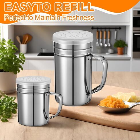6 Pcs 10oz Stainless Steel Salt and Pepper Shakers with Lid and Handle Dredge Spice Shaker Seasoning Sugar Shaker Condiment Popcorn Salt Shaker Powder Sugar Flour Shaker for Cooking Kitchen Baking in Kuwait