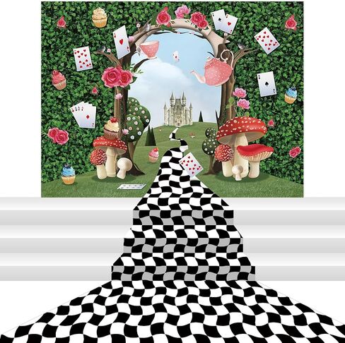 2 Pcs Wonderland Party Decoration Large Wonderland Photo Backdrop Black White Checkered Runner Halloween Tea Party Backdrop Mushroom Castle Princess Decor for Birthday Baby Shower Photo Prop in Saudi Arabia