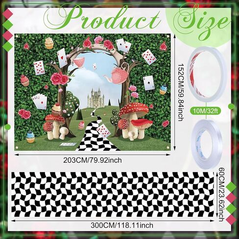 2 Pcs Wonderland Party Decoration Large Wonderland Photo Backdrop Black White Checkered Runner Halloween Tea Party Backdrop Mushroom Castle Princess Decor for Birthday Baby Shower Photo Prop in Saudi Arabia