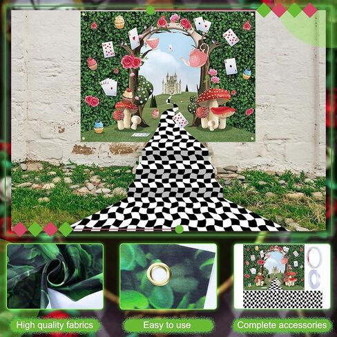 2 Pcs Wonderland Party Decoration Large Wonderland Photo Backdrop Black White Checkered Runner Halloween Tea Party Backdrop Mushroom Castle Princess Decor for Birthday Baby Shower Photo Prop in Saudi Arabia
