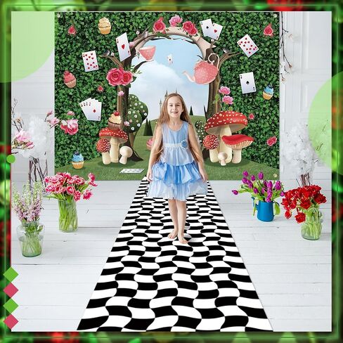 2 Pcs Wonderland Party Decoration Large Wonderland Photo Backdrop Black White Checkered Runner Halloween Tea Party Backdrop Mushroom Castle Princess Decor for Birthday Baby Shower Photo Prop in Saudi Arabia