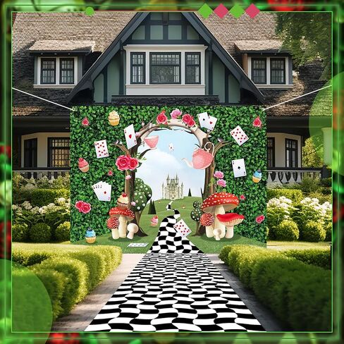 2 Pcs Wonderland Party Decoration Large Wonderland Photo Backdrop Black White Checkered Runner Halloween Tea Party Backdrop Mushroom Castle Princess Decor for Birthday Baby Shower Photo Prop in Saudi Arabia