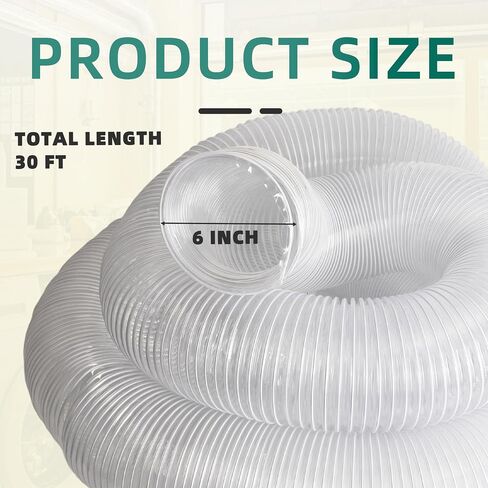 6 Inch 30 FT PVC Dust Collection Hose with 10 Stainless Steel Clamps – Heavy Duty, Puncture-Resistant Hose for Industrial & Home Use in Saudi Arabia