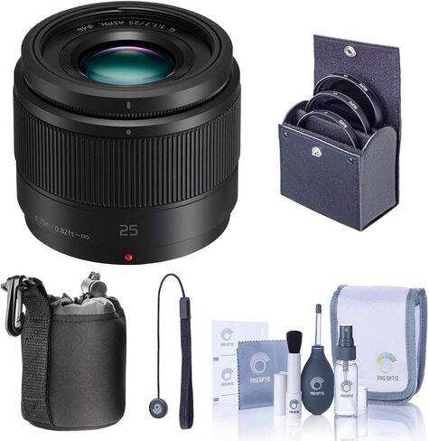 Panasonic 25mm f/1.7 Lumix G Aspherical Lens for Micro 4/3 System - Bundle with Soft Lens Case, 46mm Filter Kit, Cleaning Kit, Capleash II in Saudi Arabia