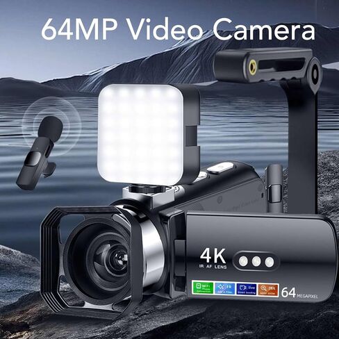 yunseity 64mp 4k camera camera camcorder ، مسجل الكاميرا الرقمية مع الليل مع مصباح LED ملء للسفر والاستخدام اليومي والبث المباشر in Kuwait