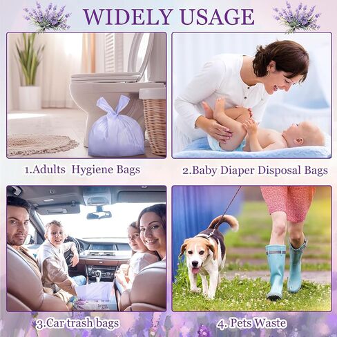 200 Pcs 17.7 x 9.8 in Lavender Scented Hygiene Bags Discreet Waste Disposal for Feminine Products, Diaper Disposal or Pet Waste Sacks with Easy-to-tie Tabs in Saudi Arabia