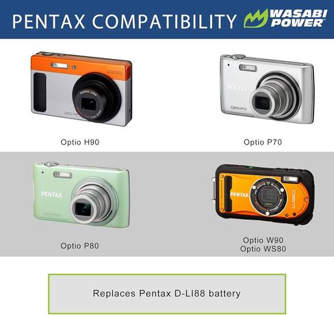 بطارية Wasabi Power (2 عبارة) وشاحن لـ Pentax D-Li88 ، Optio H90 ، P70 ، P80 ، W90 ، WS80 in Saudi Arabia