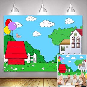 Cartoon Red House Photography Backdrop Blue Sky Grass Balloon Outdoor Background Party Decorations Kids Birthday Photo Booth Banner Cake Table Props (5x3 FT) in Saudi Arabia