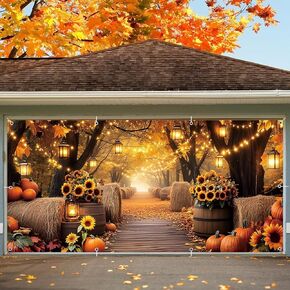 Fall Garage Door Cover Banner 7x16ft Thanksgiving Autumn Forest Backdrop Decorations Harvest Pumpkin Sunflower Leaves Background Mural for Home Outdoor Indoor Wall Window Yard in Saudi Arabia