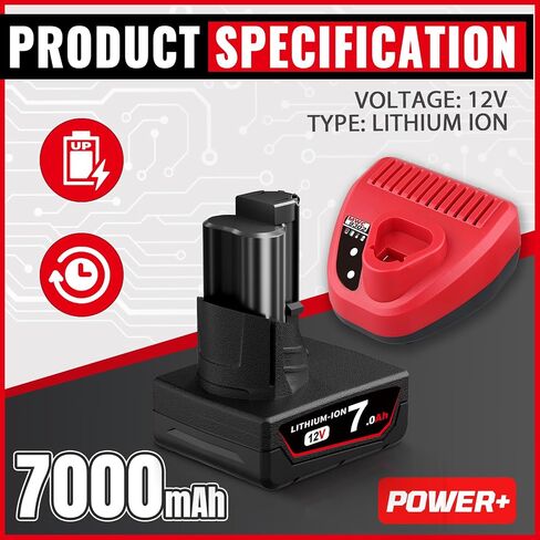 2 Pack 12V 7.0AH استبدال لـ Milwaukee 48-11-1862 Battery & N12 3A شاحن متوافق مع بطارية Milwaukee 12V LI-ION 48-11-1812 48-11-1828 48-11-1850. in Saudi Arabia