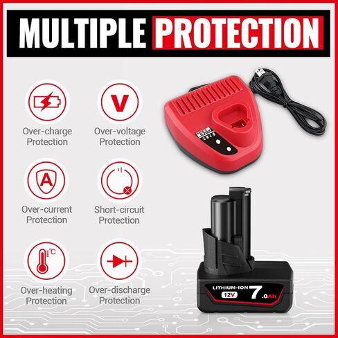 2 Pack 12V 7.0AH استبدال لـ Milwaukee 48-11-1862 Battery & N12 3A شاحن متوافق مع بطارية Milwaukee 12V LI-ION 48-11-1812 48-11-1828 48-11-1850. in Saudi Arabia