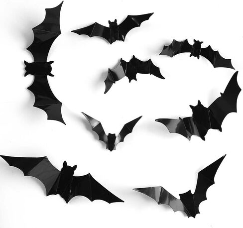 24Pcs Halloween Bats Stickers, 8 Different Sizes Realistic PVC Black Scary Bat Sticker for Home Decor DIY Wall Decal Bathroom Indoor Hallowmas Party Supplies in Saudi Arabia