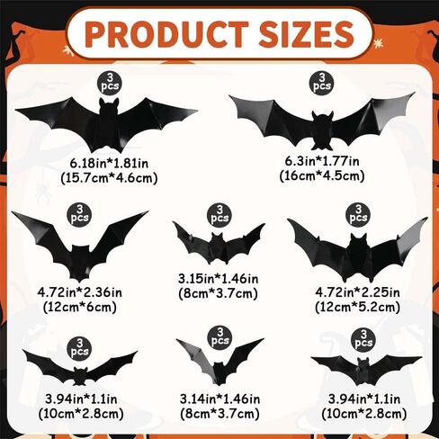 24Pcs Halloween Bats Stickers, 8 Different Sizes Realistic PVC Black Scary Bat Sticker for Home Decor DIY Wall Decal Bathroom Indoor Hallowmas Party Supplies in Saudi Arabia