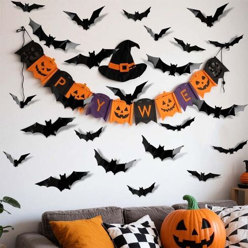 24Pcs Halloween Bats Stickers, 8 Different Sizes Realistic PVC Black Scary Bat Sticker for Home Decor DIY Wall Decal Bathroom Indoor Hallowmas Party Supplies in Saudi Arabia