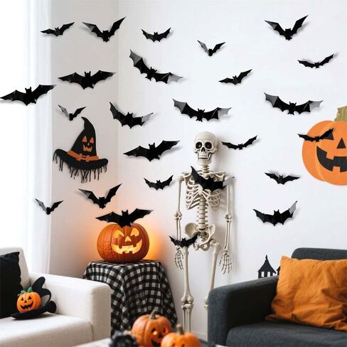 24Pcs Halloween Bats Stickers, 8 Different Sizes Realistic PVC Black Scary Bat Sticker for Home Decor DIY Wall Decal Bathroom Indoor Hallowmas Party Supplies in Saudi Arabia