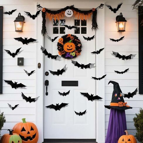 24Pcs Halloween Bats Stickers, 8 Different Sizes Realistic PVC Black Scary Bat Sticker for Home Decor DIY Wall Decal Bathroom Indoor Hallowmas Party Supplies in Saudi Arabia