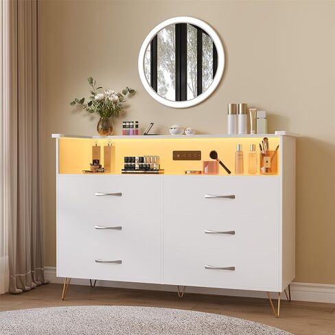 6 Drawer Dresser with LED Lights and Charging Station,Modern White Wood TV Stand for Bedroom & Living Room,Storage Chest for Entryway, Closet Hallway Organization in Saudi Arabia