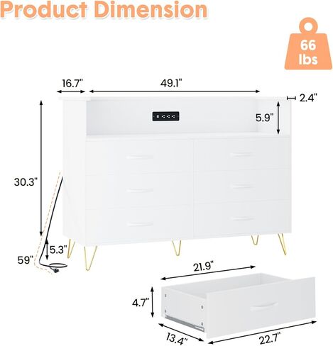 6 Drawer Dresser with LED Lights and Charging Station,Modern White Wood TV Stand for Bedroom & Living Room,Storage Chest for Entryway, Closet Hallway Organization in Saudi Arabia
