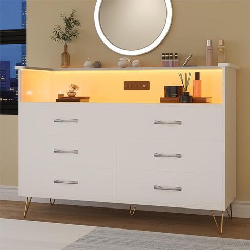 6 Drawer Dresser with LED Lights and Charging Station,Modern White Wood TV Stand for Bedroom & Living Room,Storage Chest for Entryway, Closet Hallway Organization in Saudi Arabia