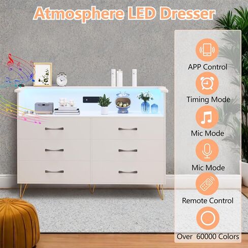 6 Drawer Dresser with LED Lights and Charging Station,Modern White Wood TV Stand for Bedroom & Living Room,Storage Chest for Entryway, Closet Hallway Organization in Saudi Arabia