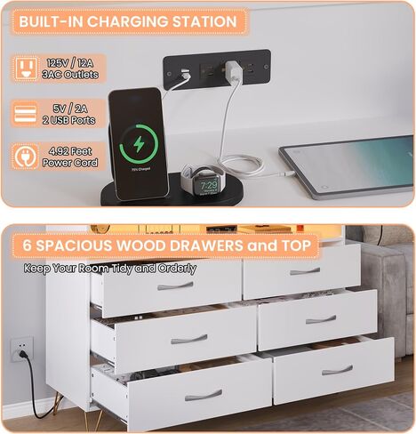 6 Drawer Dresser with LED Lights and Charging Station,Modern White Wood TV Stand for Bedroom & Living Room,Storage Chest for Entryway, Closet Hallway Organization in Saudi Arabia