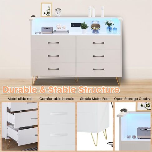 6 Drawer Dresser with LED Lights and Charging Station,Modern White Wood TV Stand for Bedroom & Living Room,Storage Chest for Entryway, Closet Hallway Organization in Saudi Arabia