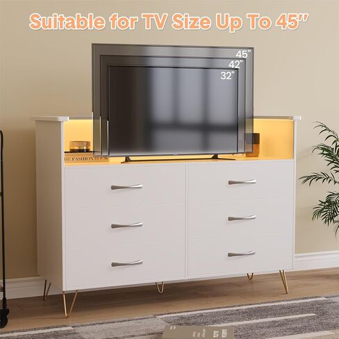 6 Drawer Dresser with LED Lights and Charging Station,Modern White Wood TV Stand for Bedroom & Living Room,Storage Chest for Entryway, Closet Hallway Organization in Saudi Arabia
