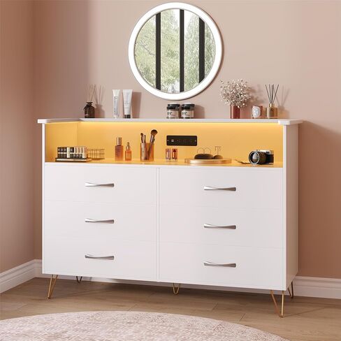 6 Drawer Dresser with LED Lights and Charging Station,Modern White Wood TV Stand for Bedroom & Living Room,Storage Chest for Entryway, Closet Hallway Organization in Saudi Arabia