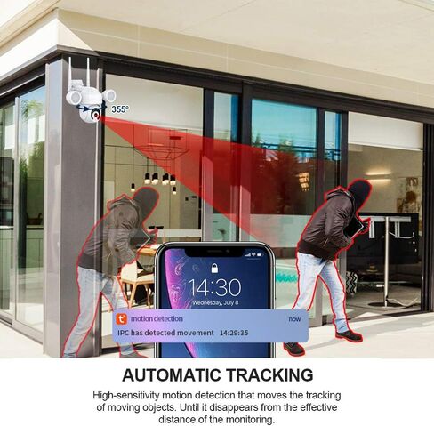 Eversecu 2K 3MP TUYA SMART LIFE LIFE WIFI WIFI IP PTZ Security Camera Camera مقاومة للطقس ، وأضواء تنشيط الحركة وتتبع السيارات ، الرؤية الليلية الملونة ، الصوت ثنائي الاتجاه ، العمل مع Alexa & Google Home in Kuwait