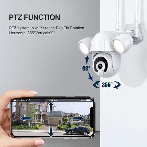 Eversecu 2K 3MP TUYA SMART LIFE LIFE WIFI WIFI IP PTZ Security Camera Camera مقاومة للطقس ، وأضواء تنشيط الحركة وتتبع السيارات ، الرؤية الليلية الملونة ، الصوت ثنائي الاتجاه ، العمل مع Alexa & Google Home in Kuwait