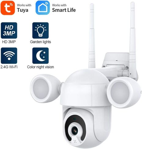 Eversecu 2K 3MP TUYA SMART LIFE LIFE WIFI WIFI IP PTZ Security Camera Camera مقاومة للطقس ، وأضواء تنشيط الحركة وتتبع السيارات ، الرؤية الليلية الملونة ، الصوت ثنائي الاتجاه ، العمل مع Alexa & Google Home in Kuwait