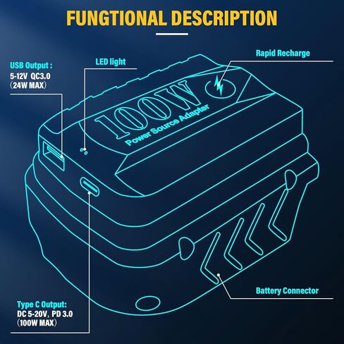 PD100W USB Battery Adapter for Dewalt 20V Battery, with Type-C Port & USB Port for Dewalt 20V Batterie & Electronic Device and Phone Charger in Saudi Arabia