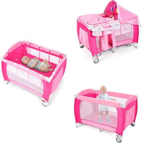 HONEY JOY Pack and Play with Bassinet, 4-in-1 Portable Baby Playard w/Changing Table, Net & Cute Toys, Diaper Storage Bag, Music Box, Wheels with Brake, Foldable Newborn Play Yard w/Carry Bag(Pink) in Saudi Arabia